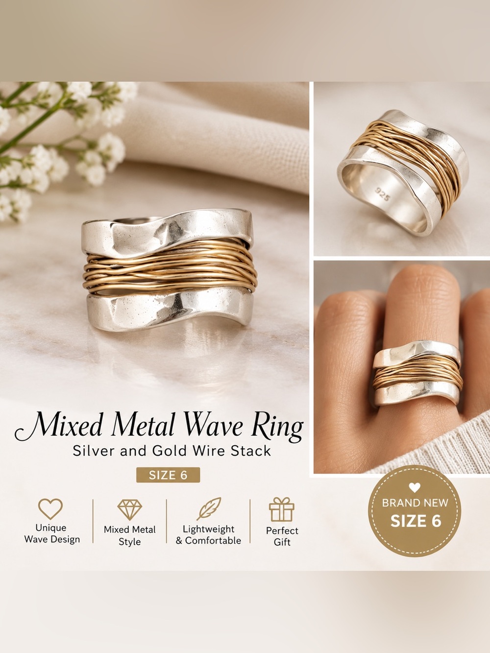 NEW Mixed Metal 925 Silver & Gold Wire Wave Statement Ring Size 6